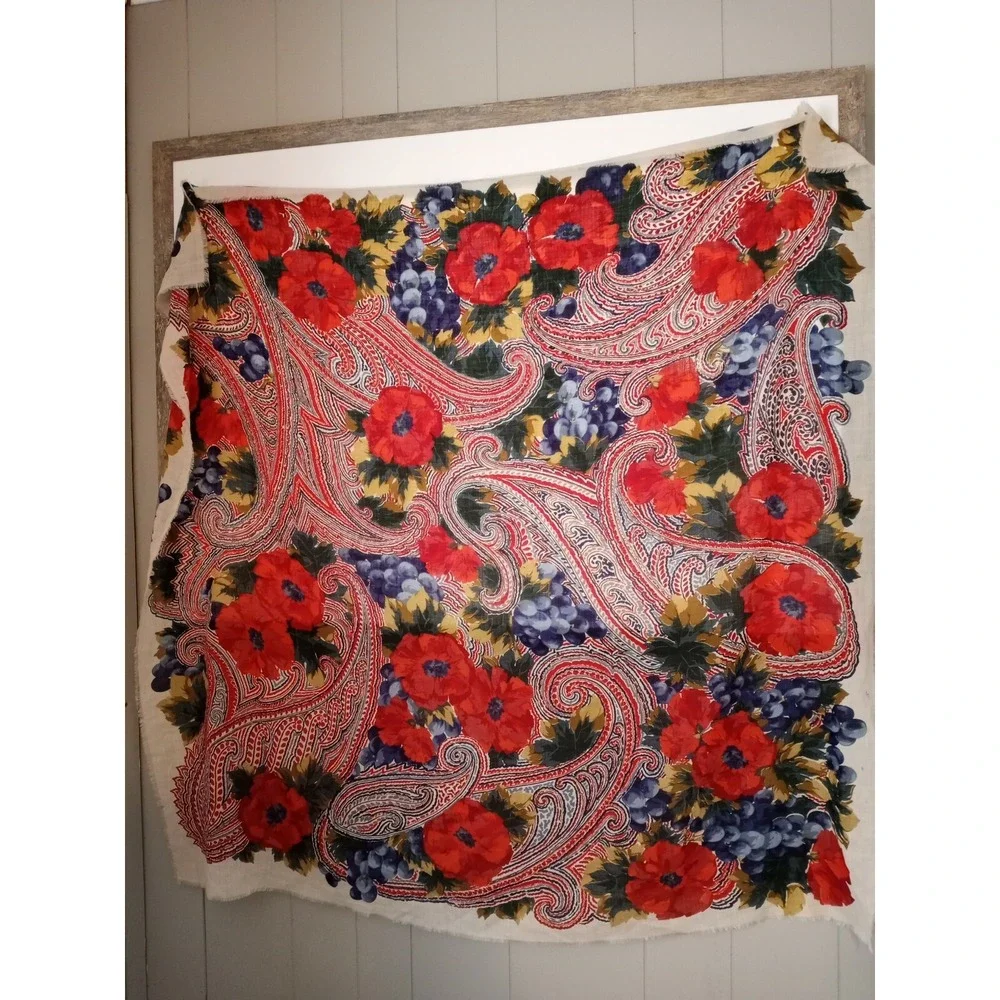 Red Pansies Purple Grapes Swirly Design Sheer Scarf Wrap Shawl Table Cover 52x52